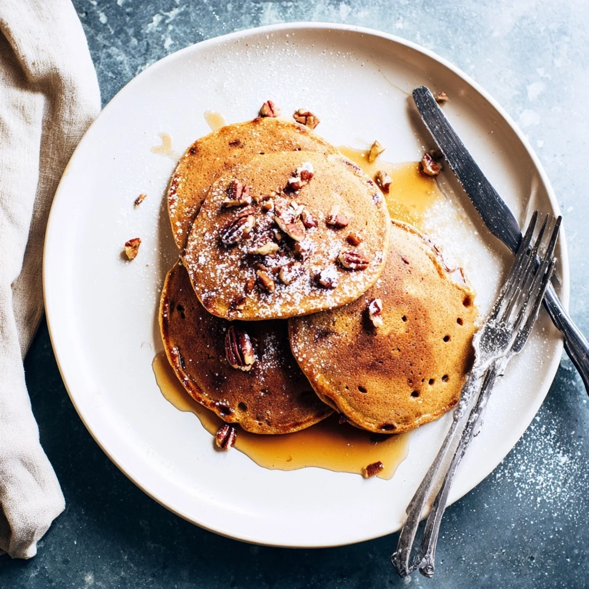 Soft and spiced pumpkin pancakes topped with whipped cream, ideal for a festive autumn morning.