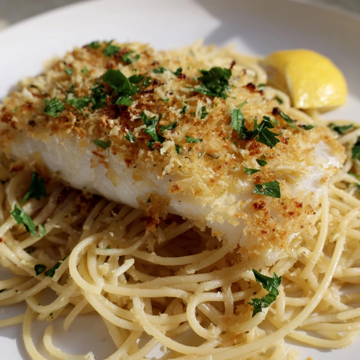 Golden grilled lemon bass fillets resting atop spaghetti tossed in a bright, garlic-infused butter sauce with fresh parsley.