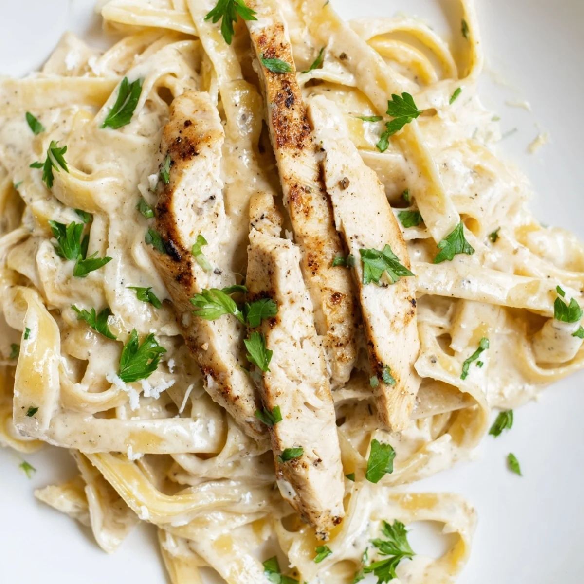 Tender Cajun chicken strips glisten atop creamy Alfredo fettuccine, garnished with fresh parsley for a hearty main dish.
