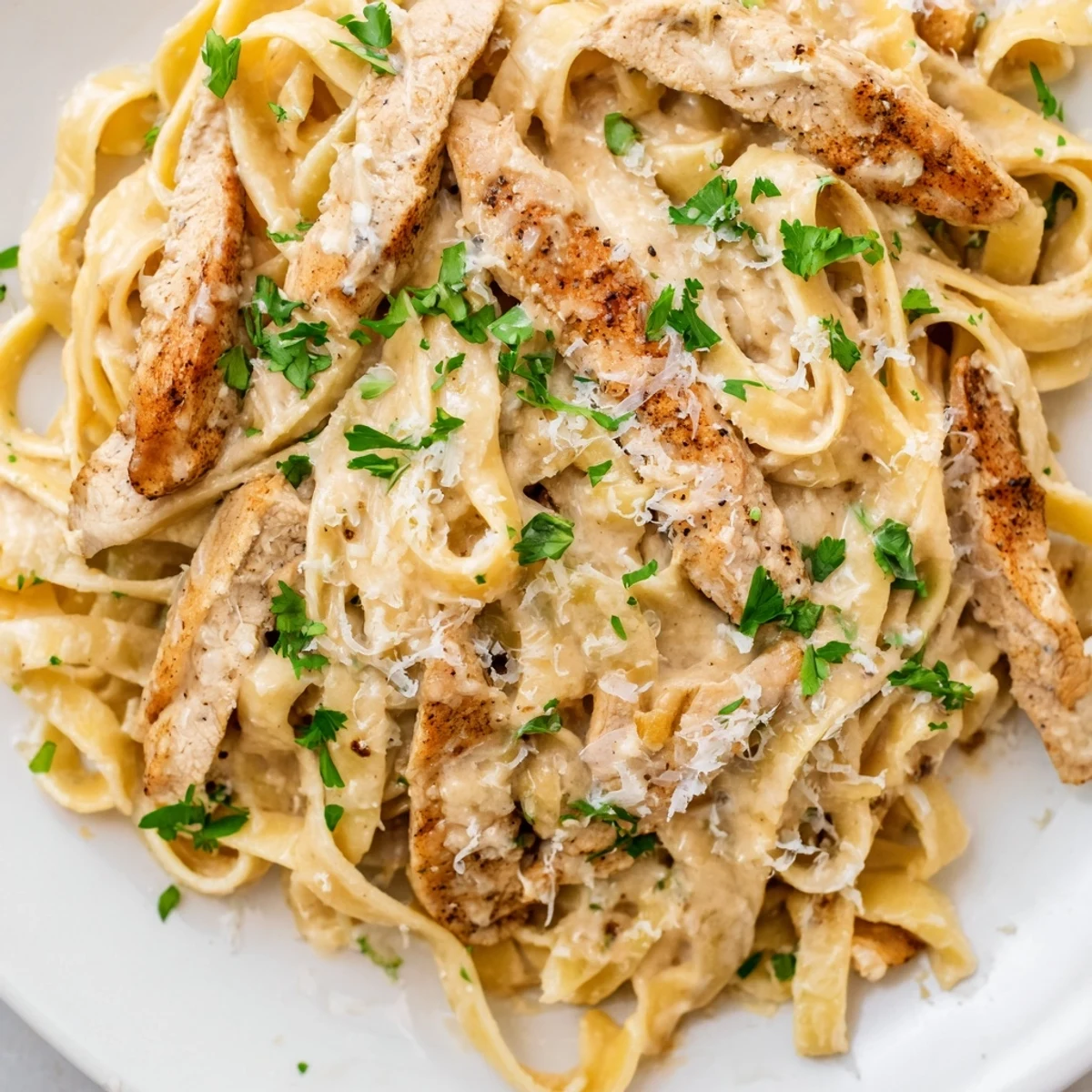 Savory Cajun-seasoned chicken rests on silky Alfredo pasta, with a warm skillet and Parmesan shavings nearby.