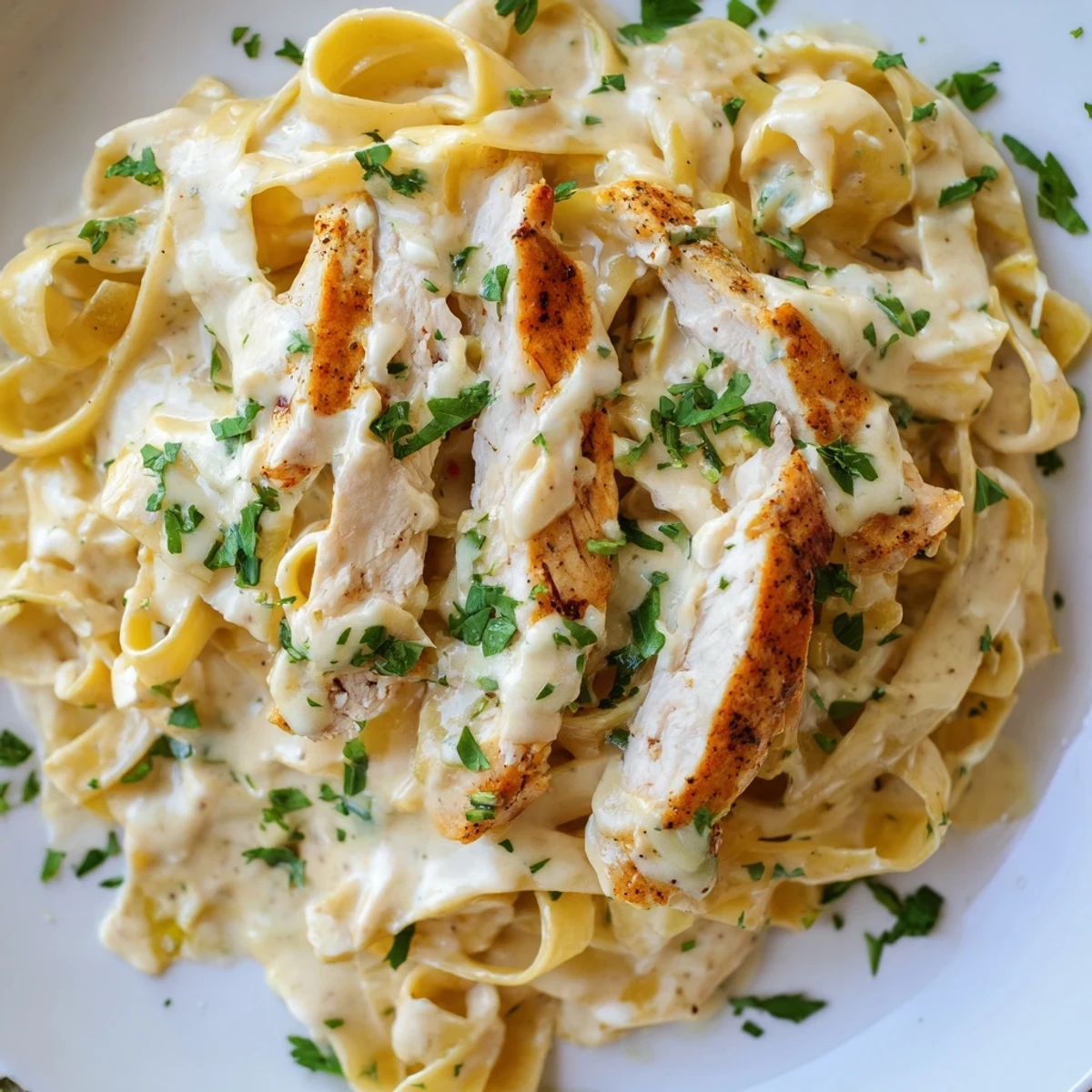 Plate of Cajun Chicken Alfredo with steam rising, featuring golden chicken, rich sauce, and a side salad garnish.