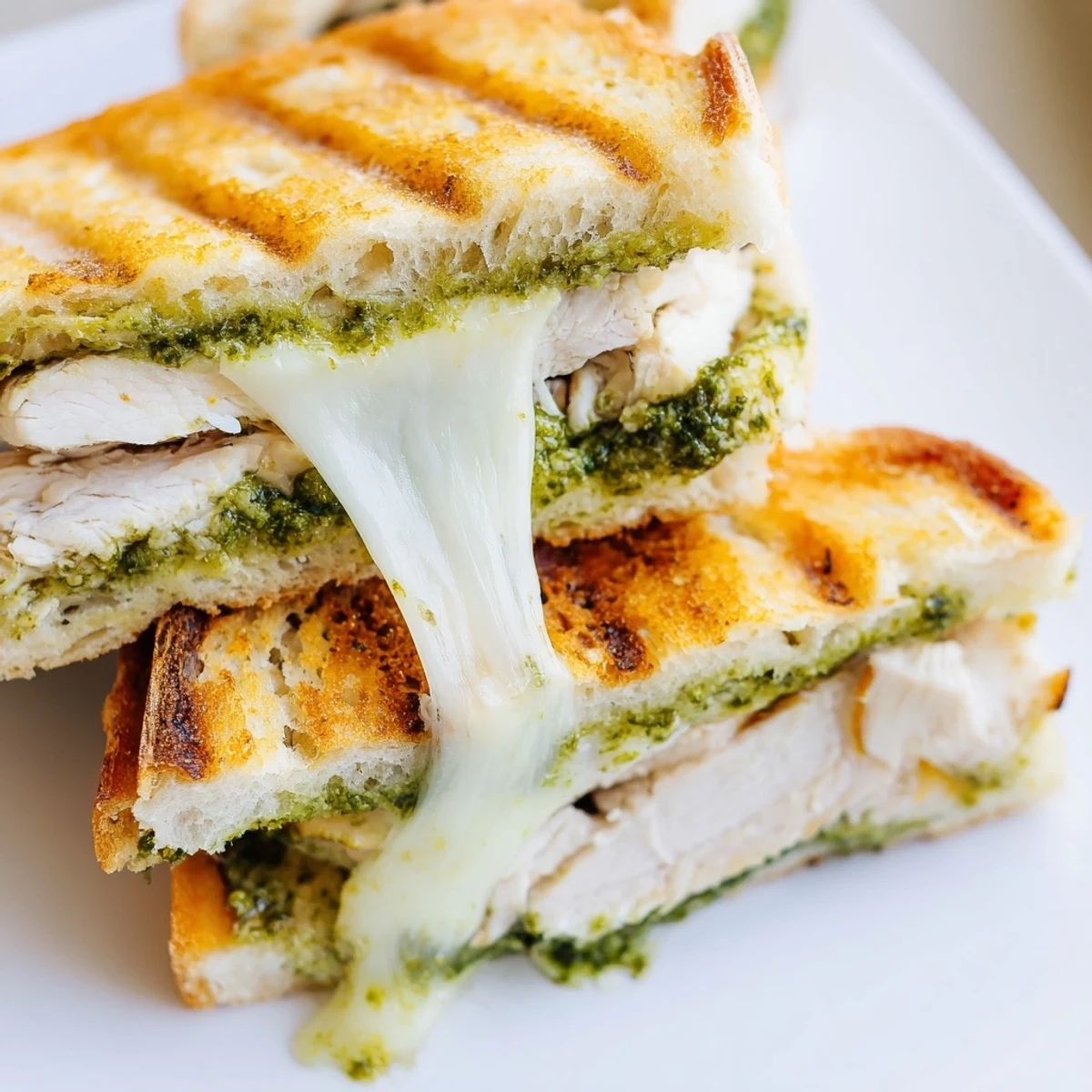 A close-up of a warm Chicken Pesto Panini, with melted mozzarella oozing from grilled ciabatta and fresh basil leaves.