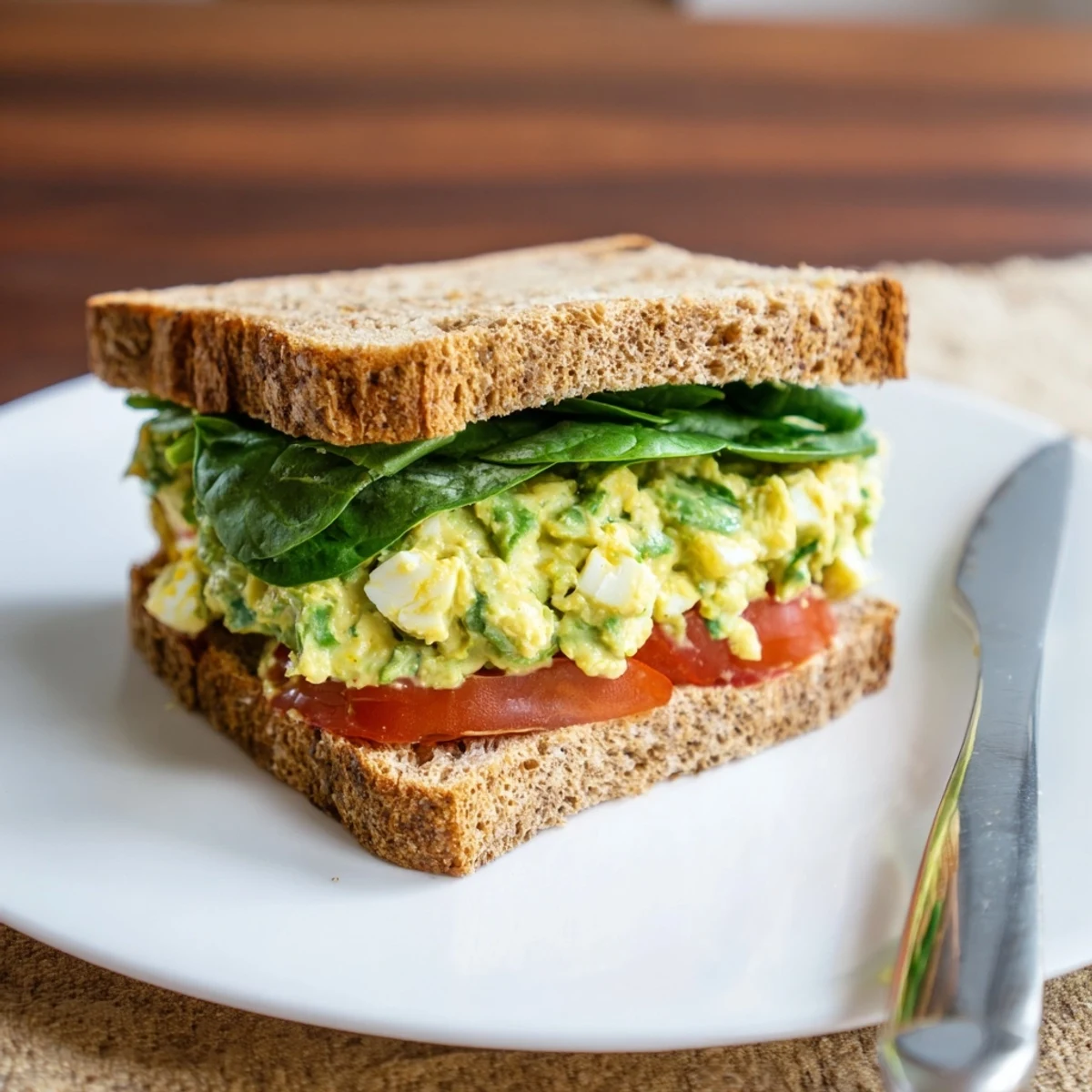Golden toasted whole grain bread cradles a creamy avocado egg salad sandwich, filled with chunky eggs, fresh chives, and bright lemon.