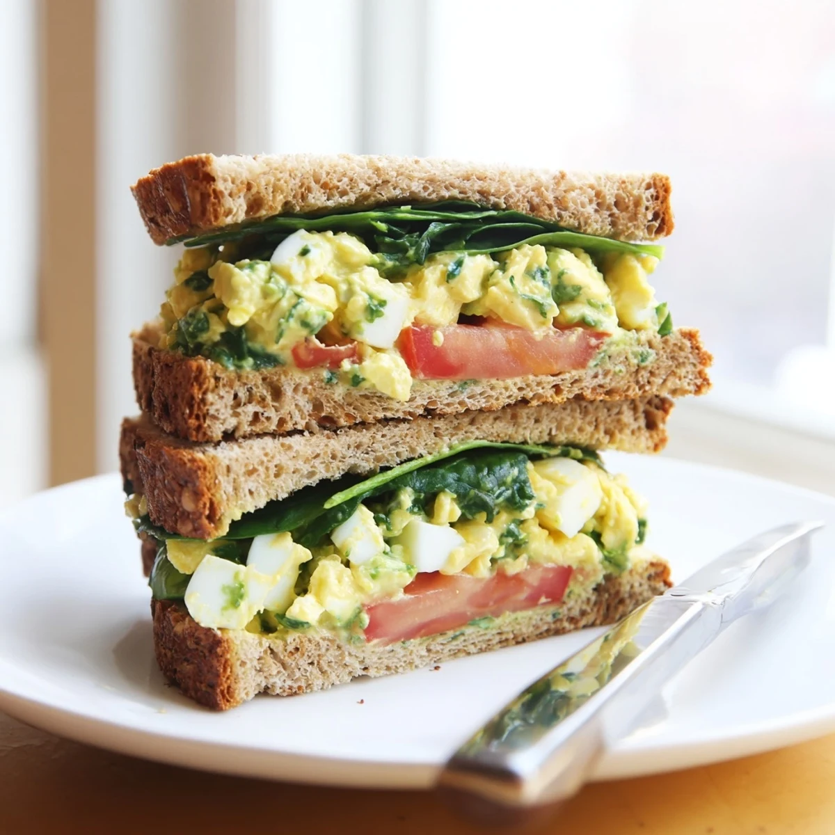 A close-up view of an avocado egg salad sandwich on a plate, garnished with baby spinach and a slice of ripe tomato.