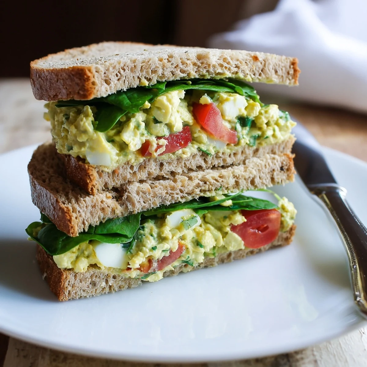 This healthy avocado egg salad sandwich is stacked high on a rustic wooden board, showcasing its vibrant green filling and fresh texture.