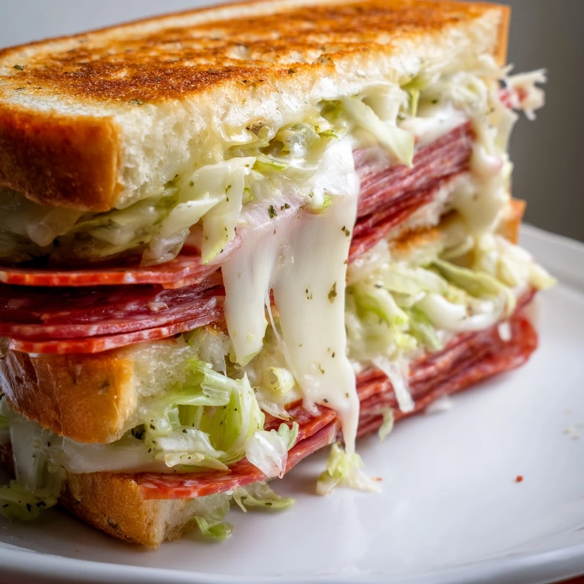 Golden-brown grilled Italian sub sandwich with melted provolone, salami, and pepperoni on buttery bread, topped with tangy shredded lettuce.