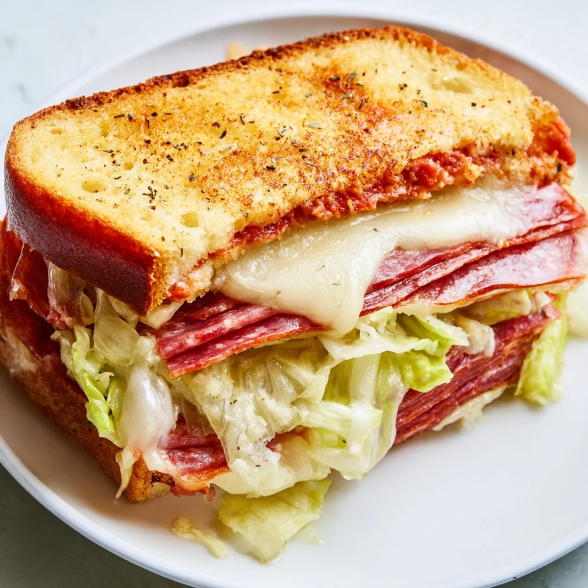 Savory Italian sub grilled cheese featuring layers of melty provolone, pepperoni, and salami on crisp buttered bread, served hot.