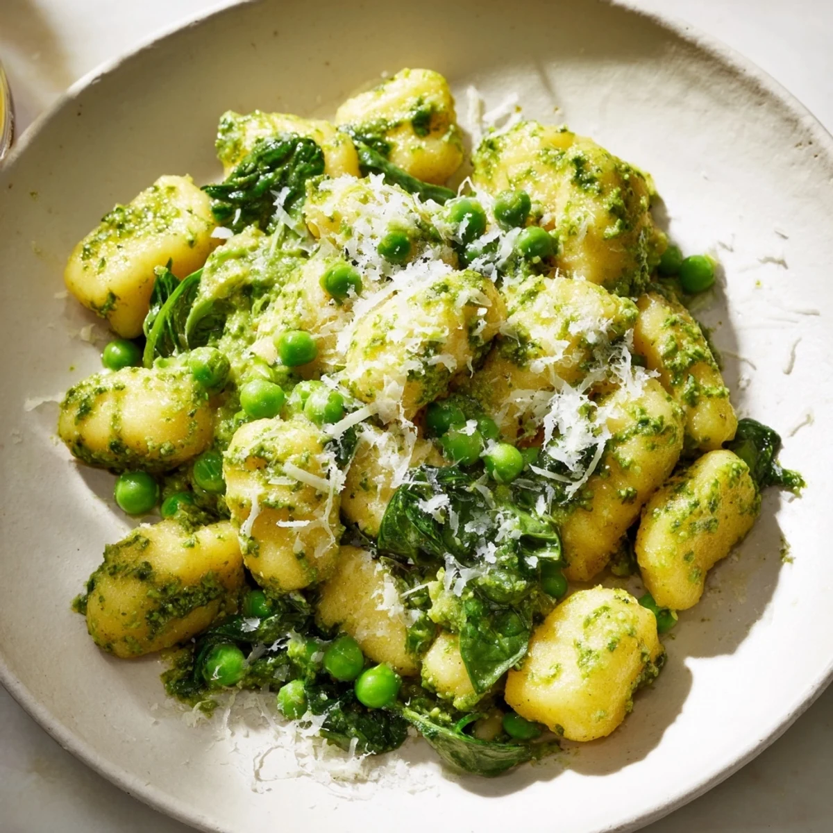 Golden, crispy gnocchi in a skillet tossed with vibrant basil pesto and sweet green peas, served as a hearty vegetarian main dish.  