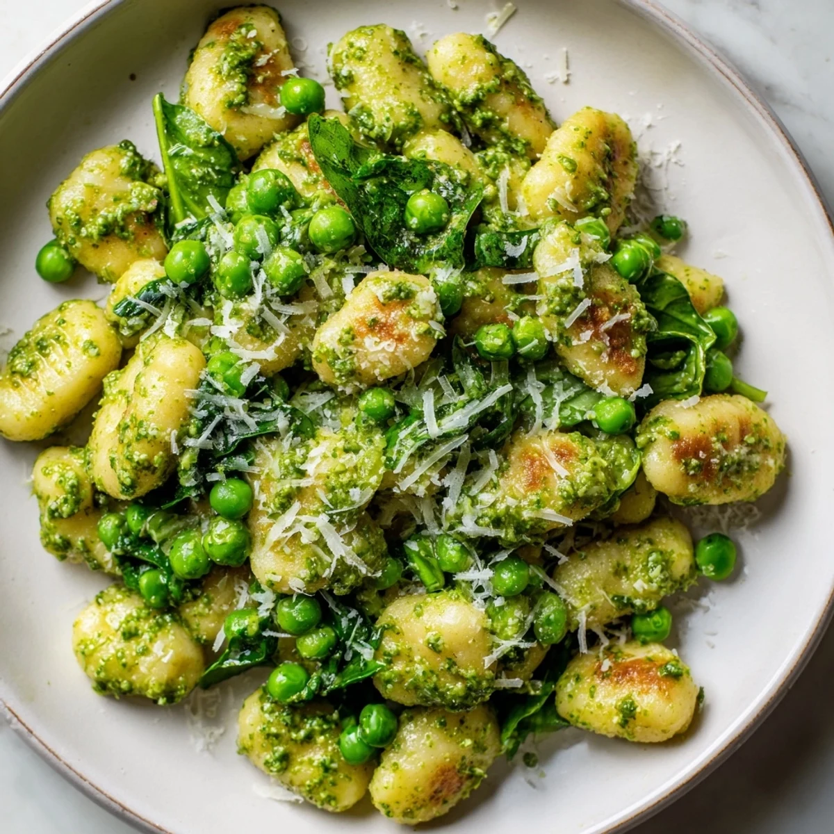 A close-up of Pesto Pea Gnocchi Skillet with melted Parmesan and fresh basil, showcasing a colorful and quick weeknight dinner.  