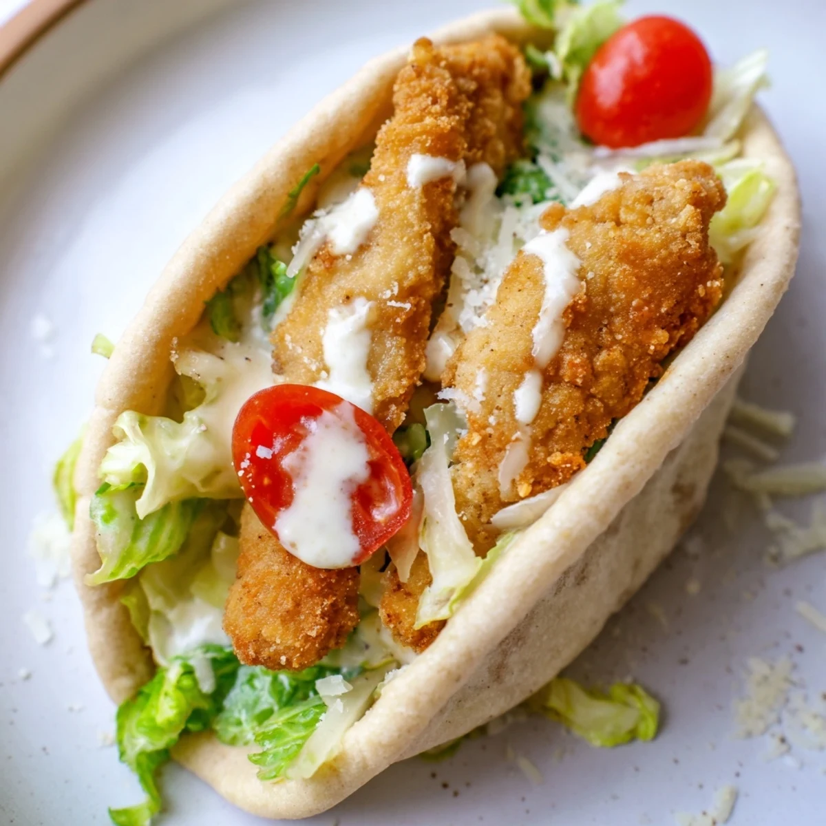 Golden, air-fried crispy chicken strips stuffed into warm pita bread with creamy Caesar salad and shaved Parmesan.  