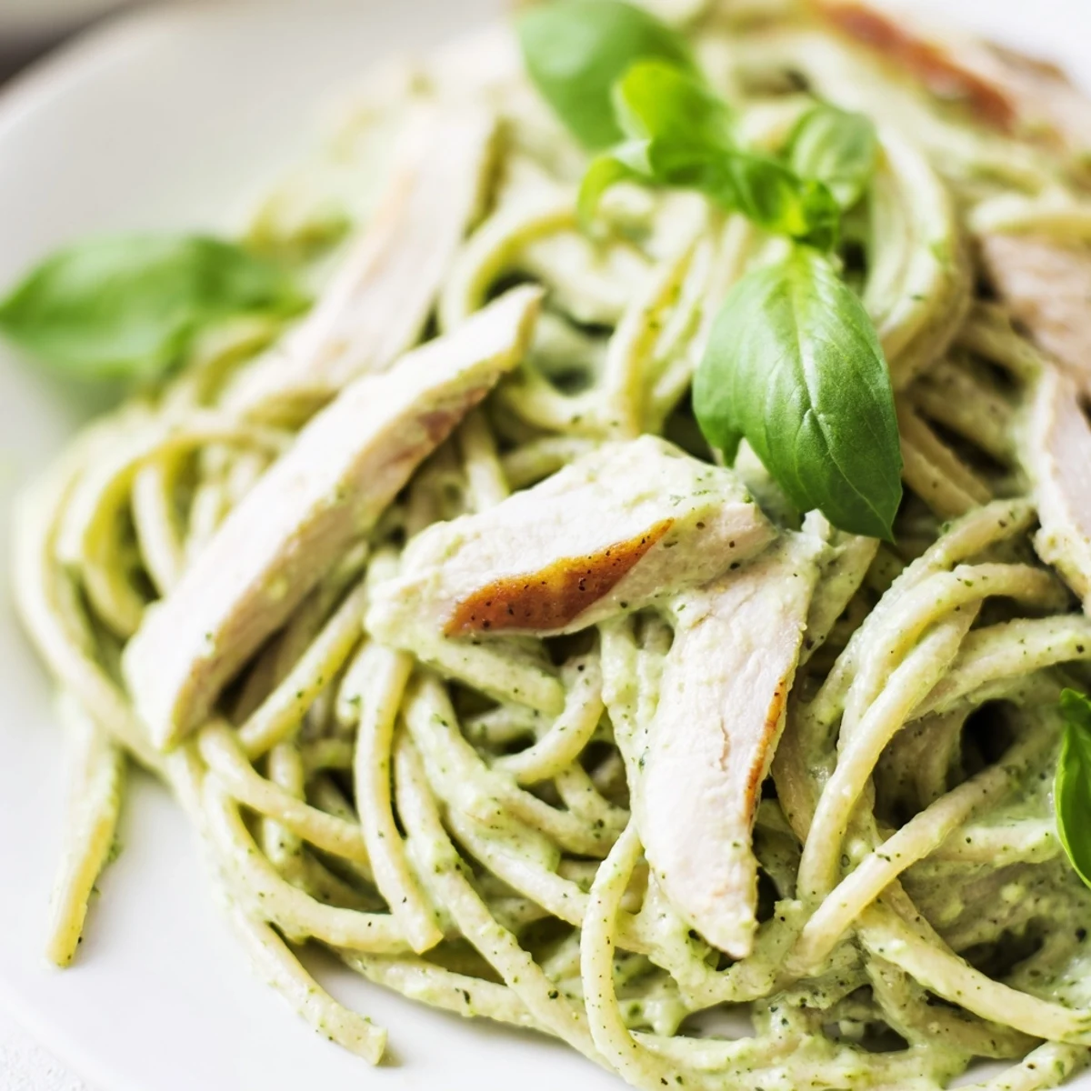 Creamy avocado chicken pasta features sliced grilled chicken on silky, herb-filled pasta coated in bright green, no-cook sauce.