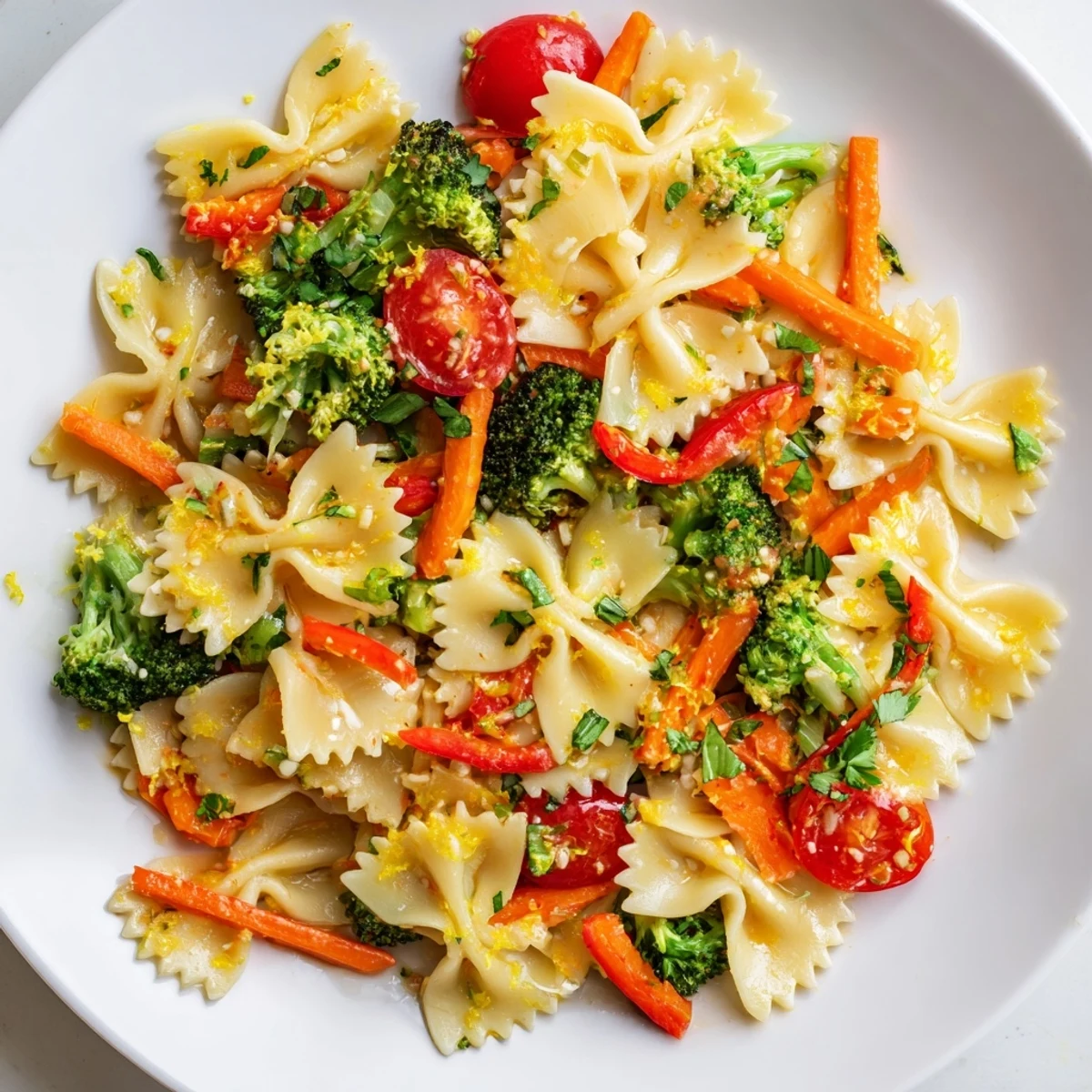 Sunlight highlights the colorful bow-tie pasta, making this Rainbow Veggie Primavera with red peppers, carrots, and peas an inviting vegetarian spring dinner.