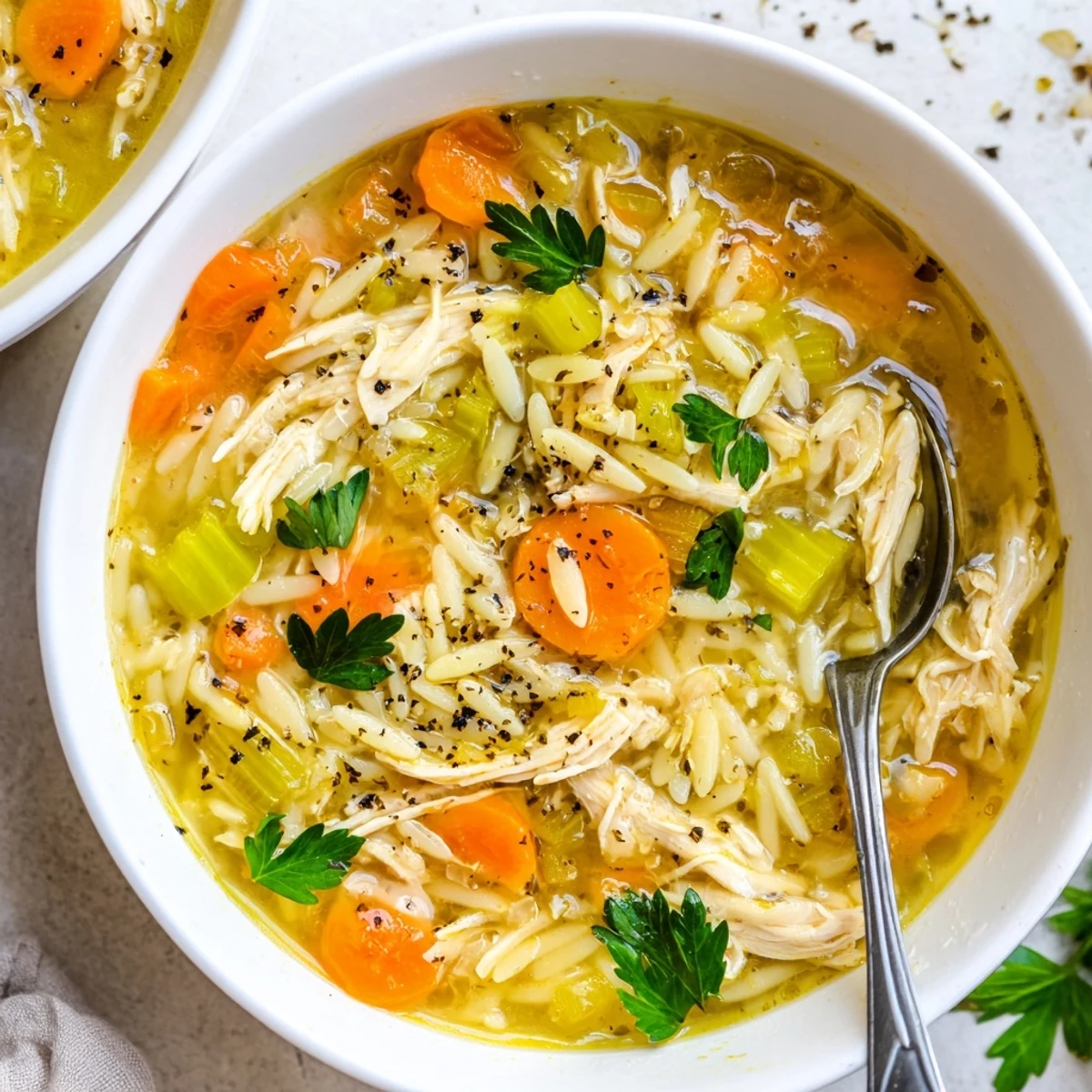 A steaming bowl of Lemon Pepper Chicken Orzo Soup garnished with fresh parsley and lemon wedges, perfect for a cozy night.