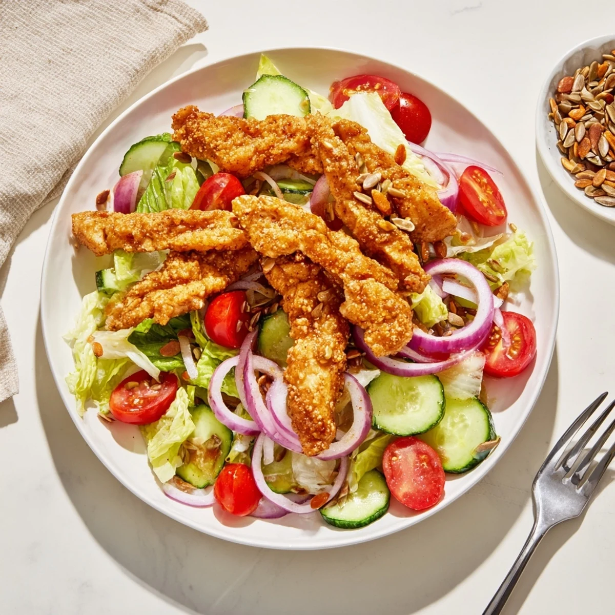 For this vibrant Crispy Hot Honey Chicken Salad, juicy fried chicken meets crisp veggies, finished with a bold hot honey drizzle.