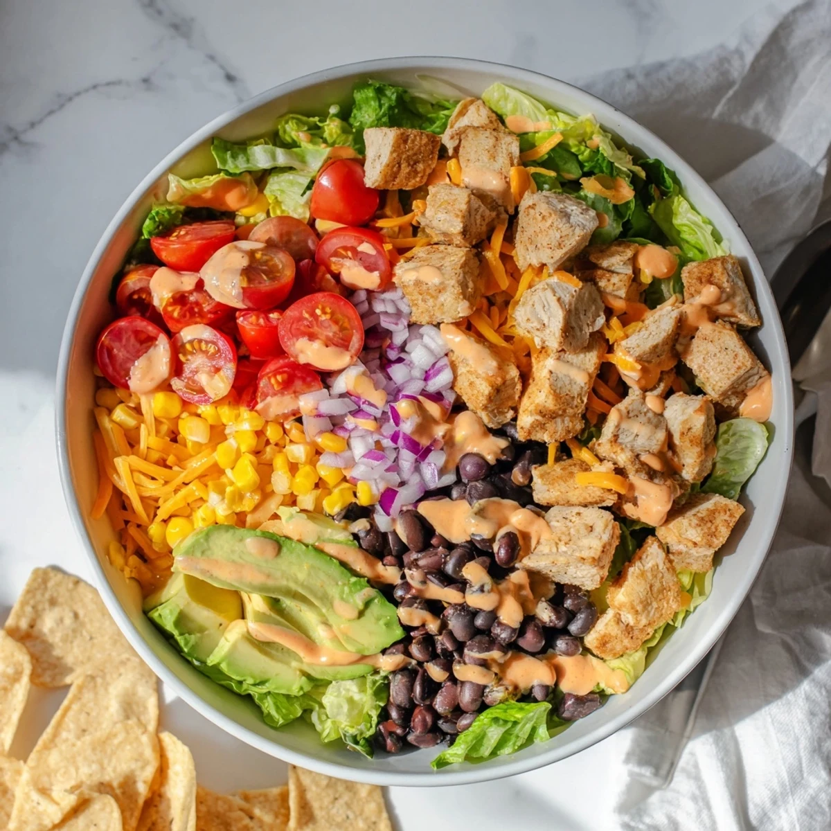 Close-up of hearty Chicken Taco Chopped Salad featuring juicy chicken, crisp lettuce, tomatoes, red onion, and a generous topping of crushed tortilla chips.