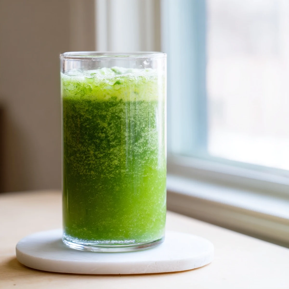 A refreshing Cabbage and Kale Detox Juice blending chopped cabbage, kale, and cucumber, ready to be poured from a blender.