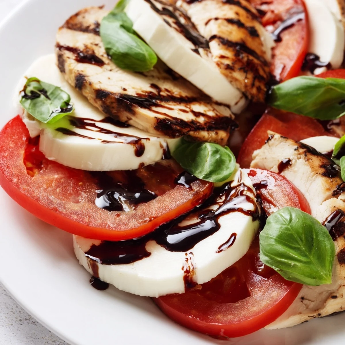 Vibrant Chicken Caprese Salad with juicy grilled chicken, ripe tomato slices, creamy mozzarella, and fresh basil leaves on a bed of mixed greens.