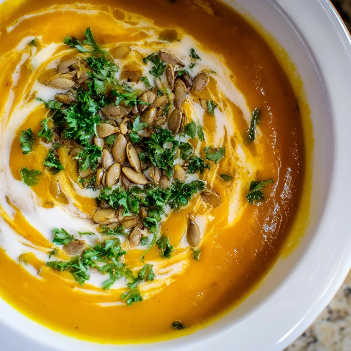 Velvety butternut squash soup steaming in a white bowl, topped with fresh parsley and toasted seeds.  