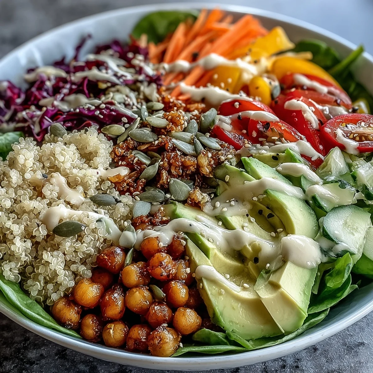 Vibrant Rainbow Buddha Bowl With Quinoa brimming with colorful veggies and creamy tahini dressing.