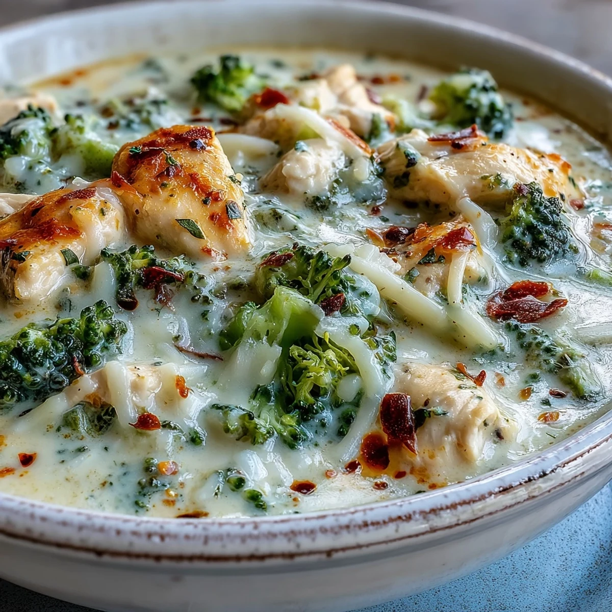 Creamy Best Chicken Broccoli Cheddar Soup with tender chicken and sharp cheddar in a rustic bowl.