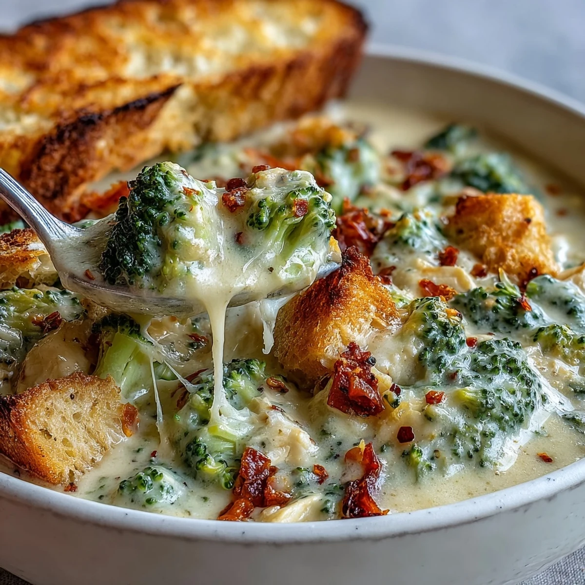 Hearty Best Chicken Broccoli Cheddar Soup topped with fresh broccoli florets beside a slice of crusty bread.