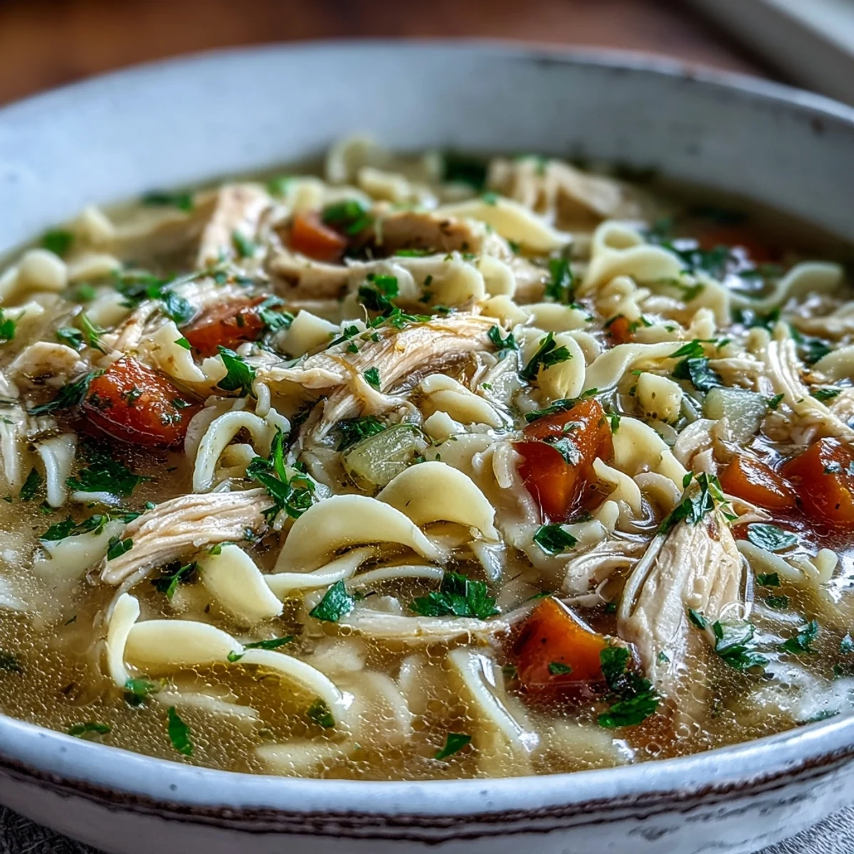 Steaming bowl of hearty Chicken and Noodle Soup, brimming with tender shredded chicken, carrots, celery, and wide egg noodles in savory broth.