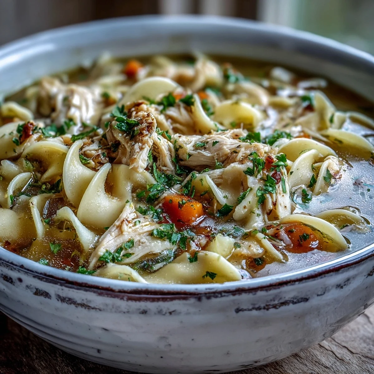 Close-up of homemade Chicken and Noodle Soup in a rustic mug, garnished with fresh parsley, ready to enjoy with crusty bread on the side.