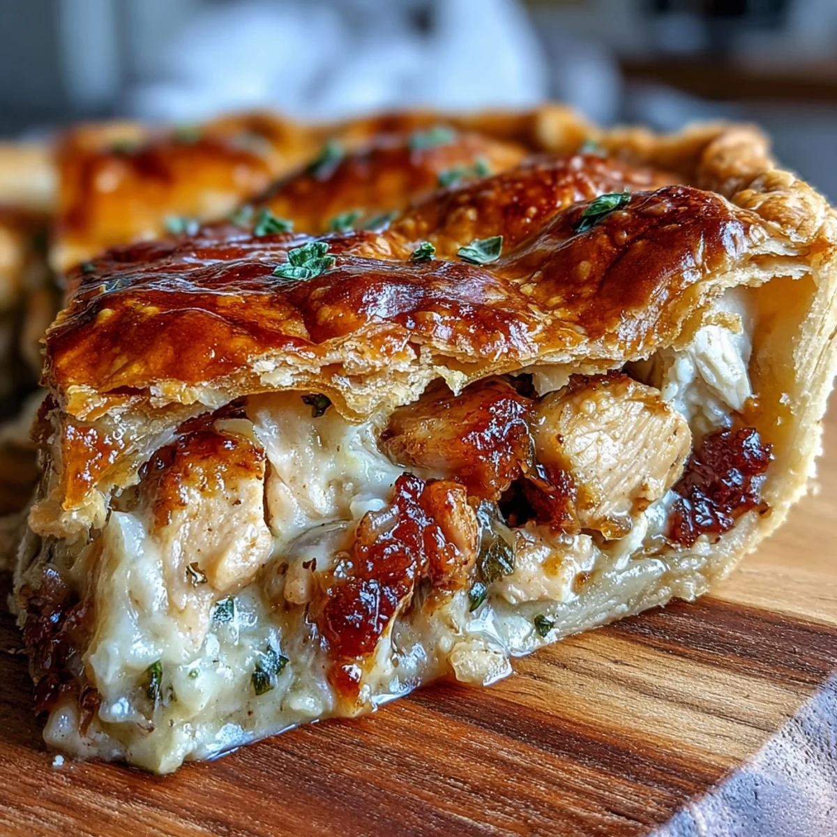 Steam rises from a freshly baked Chicken and Leek Pie, revealing a golden, flaky pastry crust.