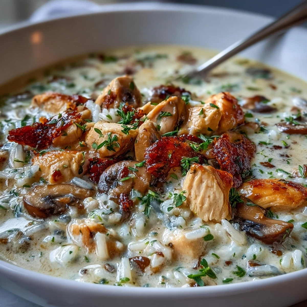 Steaming bowl of Parmesan Mushroom Chicken and Wild Rice Soup topped with fresh parsley and extra Parmesan.