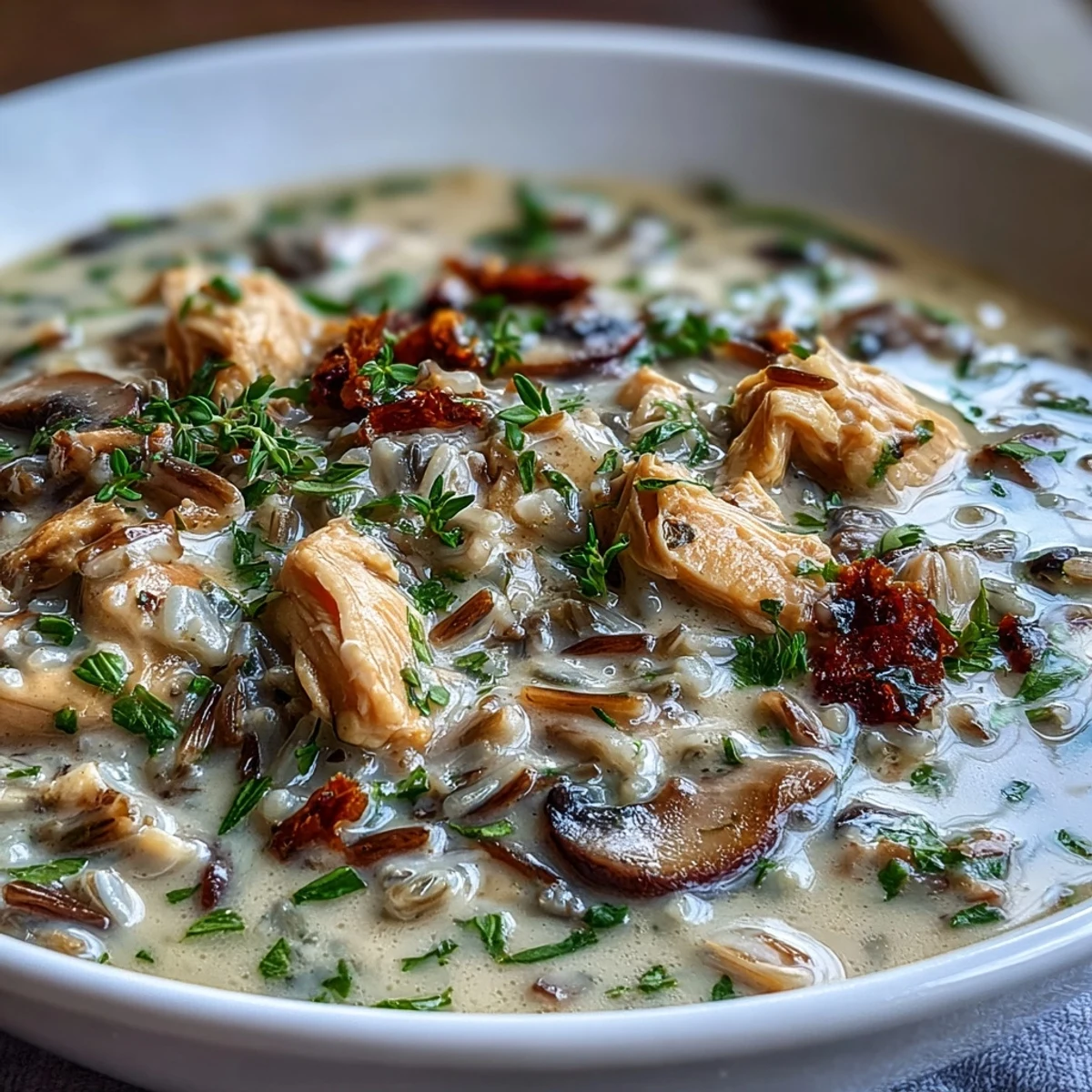 Close-up of creamy Parmesan Mushroom Chicken and Wild Rice Soup featuring tender chicken pieces, sliced mushrooms, and wild rice.
