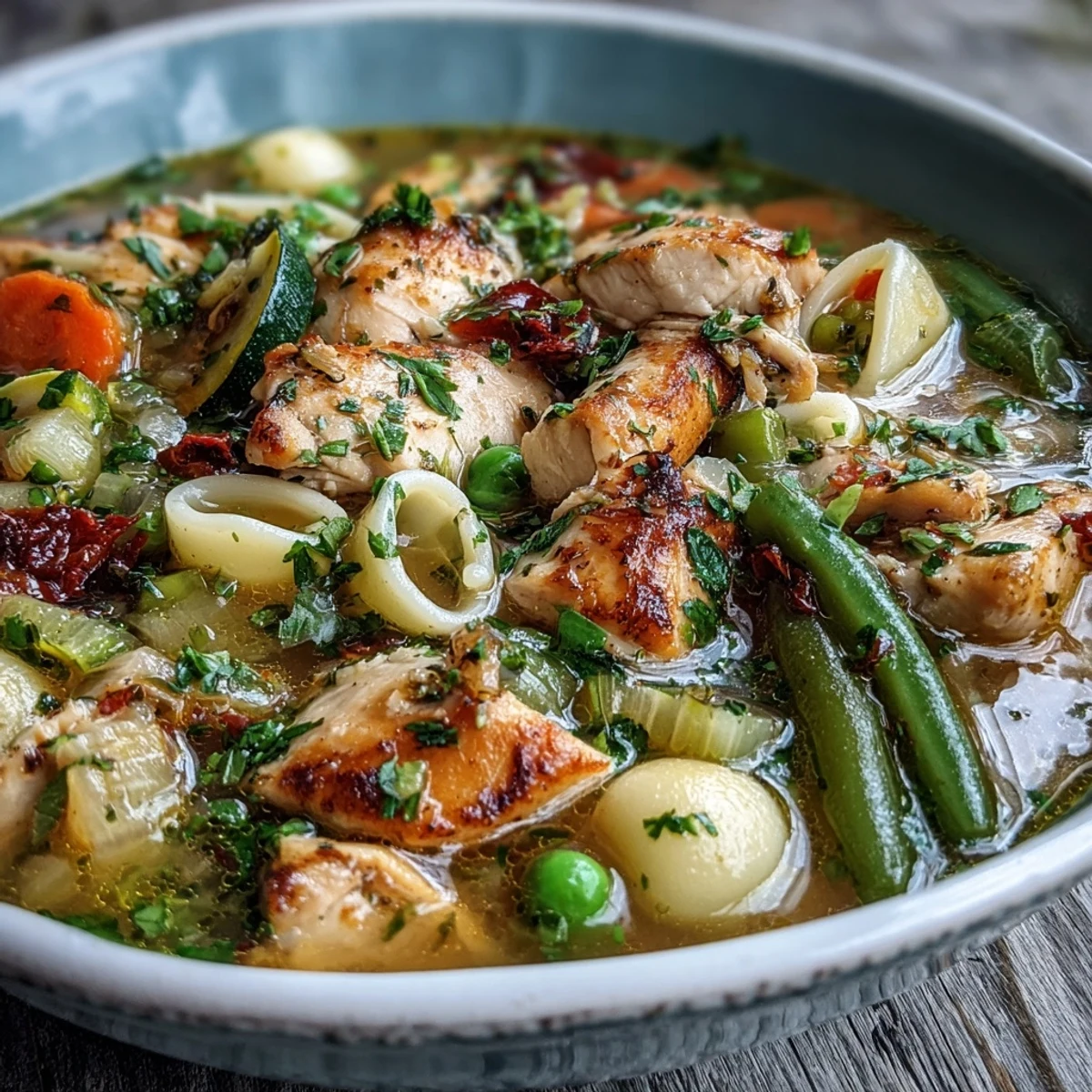 Close-up of a warm bowl of Pasta Soup With Chicken and Vegetables, featuring tender chicken cubes, colorful diced veggies, and al dente pasta in a savory broth.