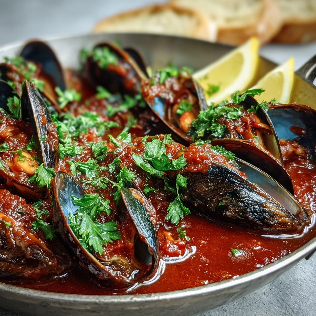 Bright red mussels in a smoky tomato pomodoro sauce, garnished with fresh parsley and served with lemon wedges on the side.  