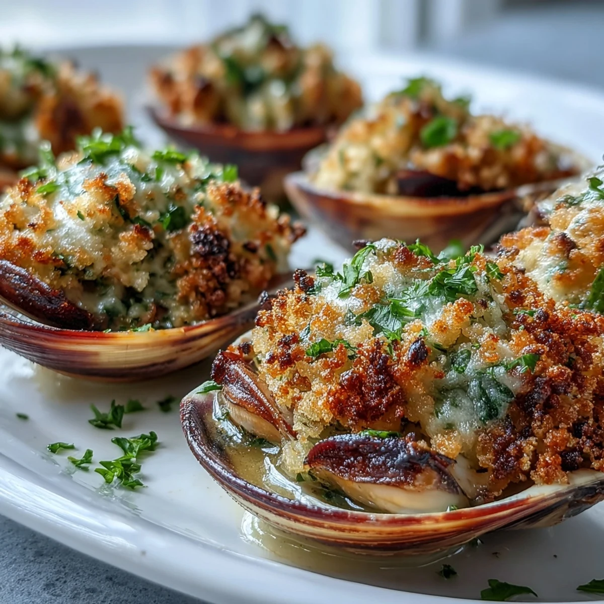 Golden roasted clams with lemony panko topping, served hot with lemon wedges and fresh parsley.
