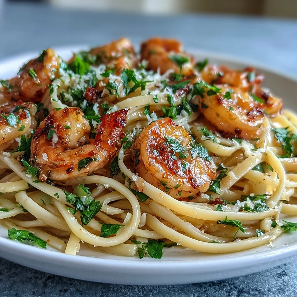 Bright, steaming Shrimp Scampi With Linguine is plated with fresh parsley and a lemon wedge, ready to serve.  
