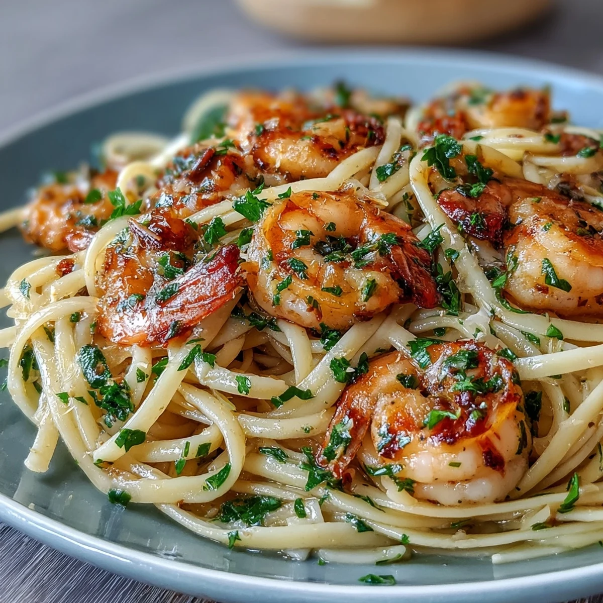A close-up of Shrimp Scampi With Linguine shows plump shrimp nestled in al dente linguine.