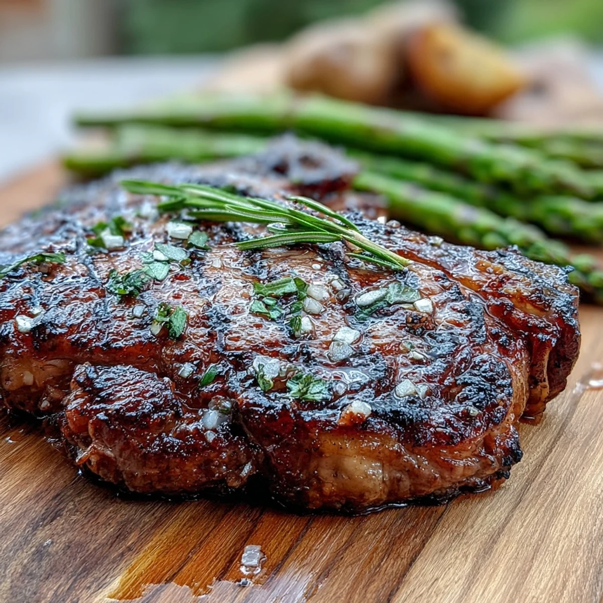 Succulent grilled bone-in rib eye steak, beautifully charred and garnished with fresh rosemary, served with buttery baby potatoes and asparagus.