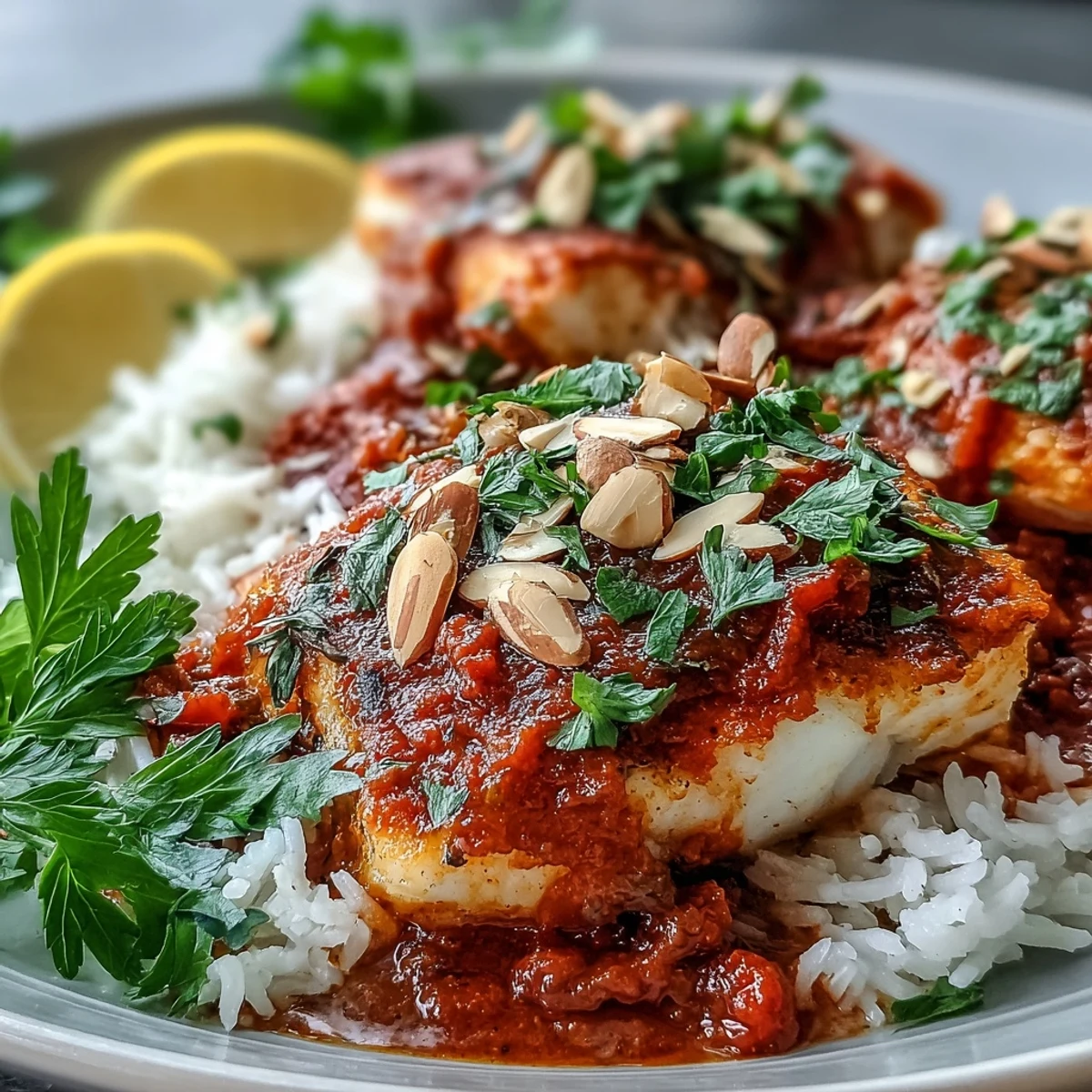 Freshly prepared tomato-roasted cod and spiced almonds plated with zesty lemon wedges for a healthy, Mediterranean-inspired dinner.