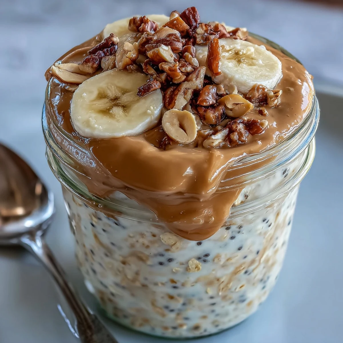 A generous jar of peanut butter overnight oats, layered with creamy oats and sliced bananas.