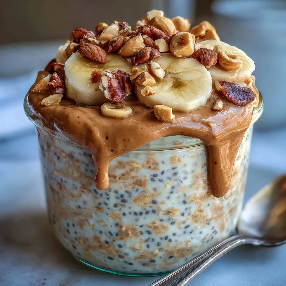 A nourishing breakfast bowl of protein-packed peanut butter oats, garnished with chopped peanuts and a honey drizzle.