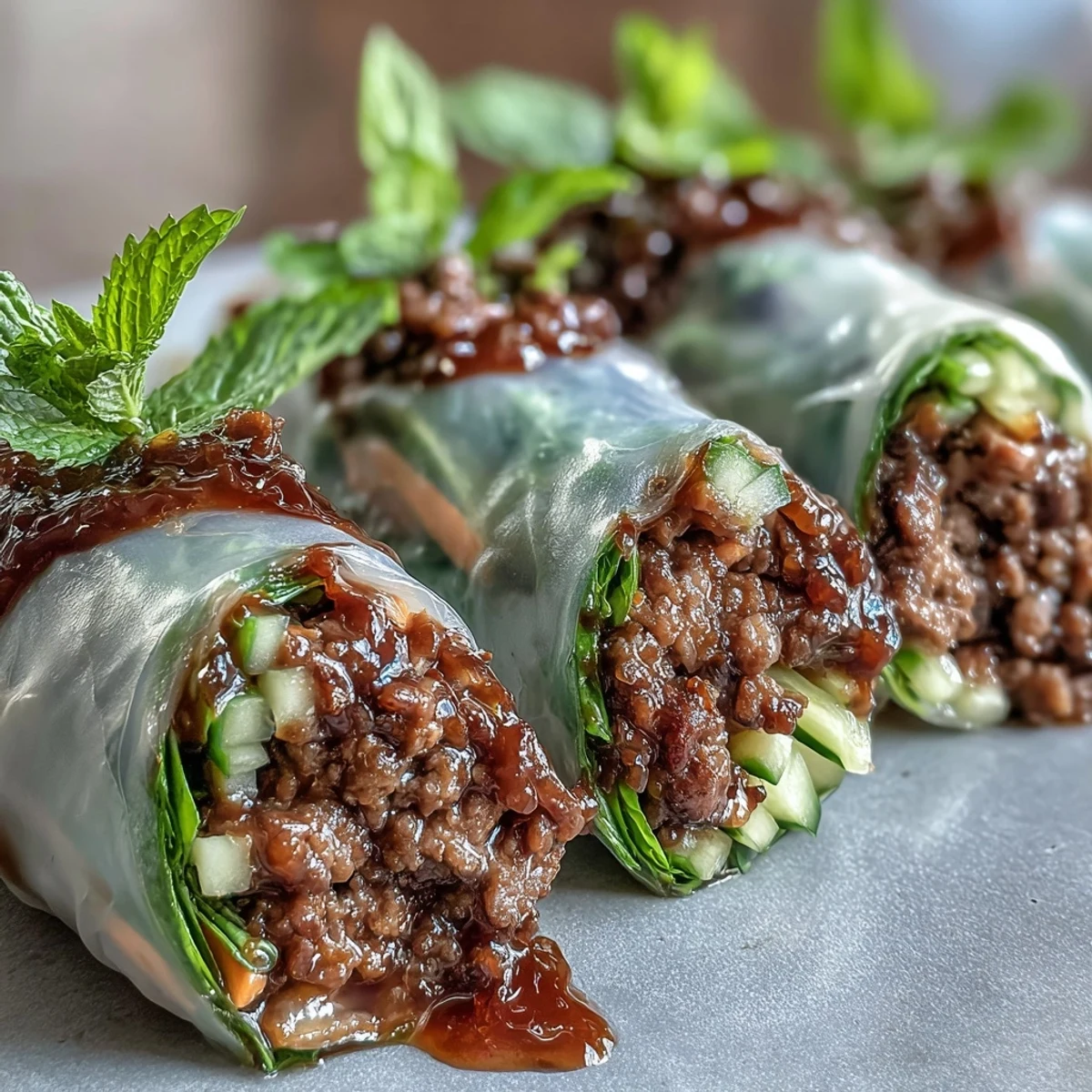 Freshly rolled Thai Basil Beef Rolls served with a spicy, tangy dipping sauce on a rustic plate.