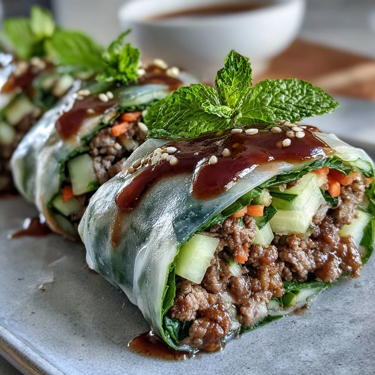 Colorful Thai Basil Beef Rolls arranged on a platter, featuring shredded carrots, cucumber, and vibrant herbs.