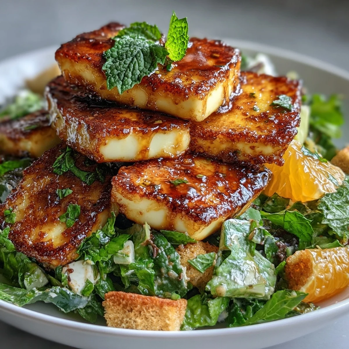 Ready-to-serve Halloumi Blood Orange Fattoush salad featuring vibrant red onions, cucumbers, and warm, salty cheese.