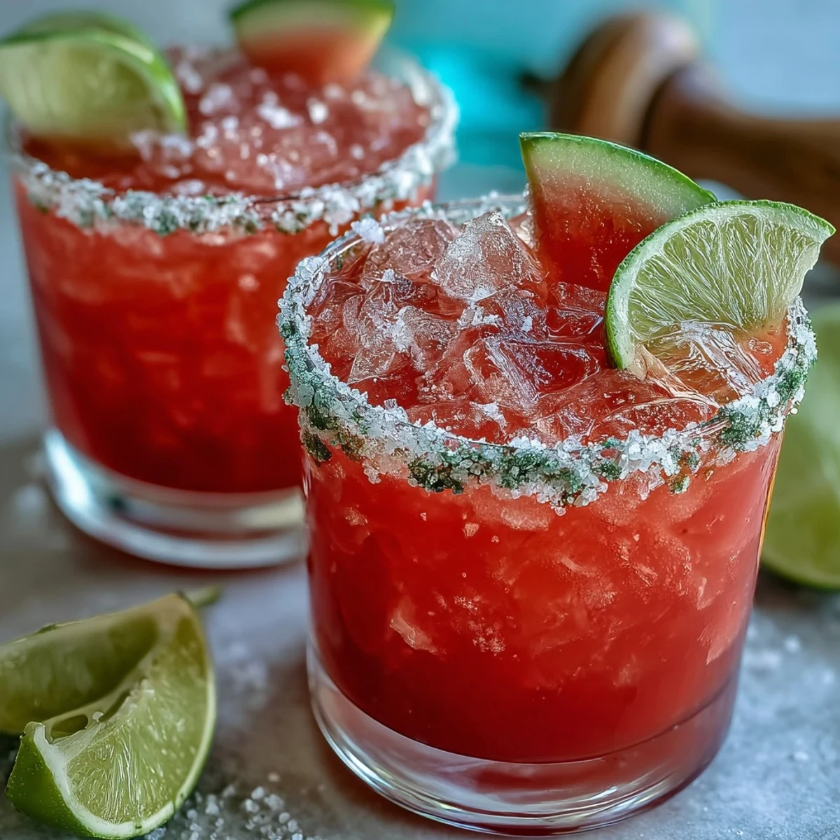 Frosted salt-rimmed glasses of vibrant pink Guava Margarita garnished with lime wedges.