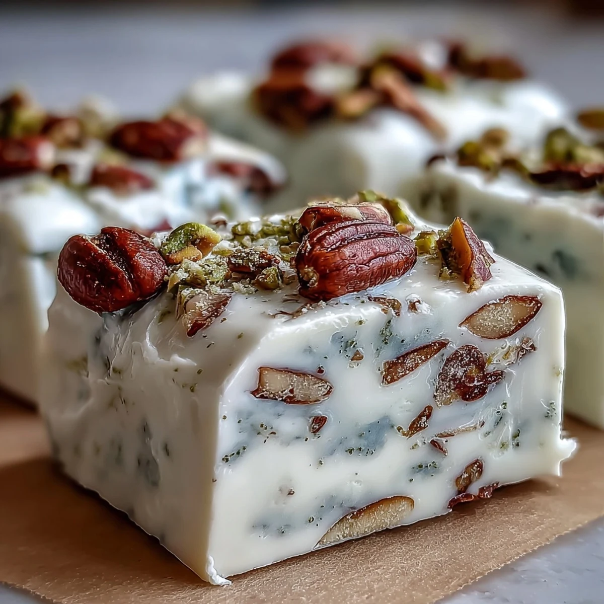 Homemade Hojicha Nougat squares with roasted almonds and pistachios, cut and ready to serve.