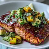 Tender salmon baked to perfection and served with zesty mango avocado salsa, bursting with color and flavor.  