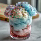Cotton candy lemonade float: vibrant blue lemonade, melting vanilla ice cream, and a cloud of spun sugar for a dreamy treat.