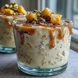 Tropical mango overnight oats swirled with yogurt and cardamom, topped with diced mango and crunchy pistachios.  