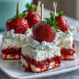 Delicious mini strawberry shortcake bites skewers, perfect for your next party dessert.