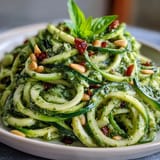 Zucchini Noodles with Avocado Pesto: vibrant green pesto coating tender spiralized zucchini.