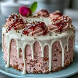 A moist rosé velvet cake, frosted and adorned with shimmering edible gold drip.